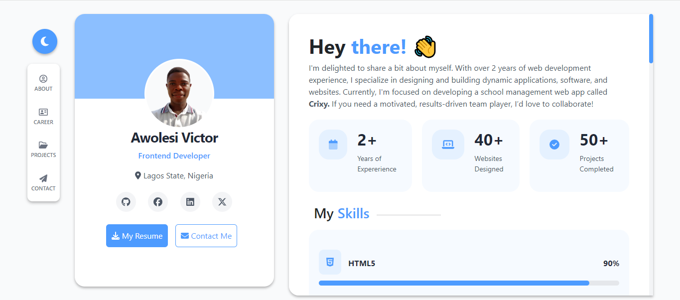 Screenshot of Awolesi Victor's personal portfolio website, showcasing frontend development skills, projects, and contact information