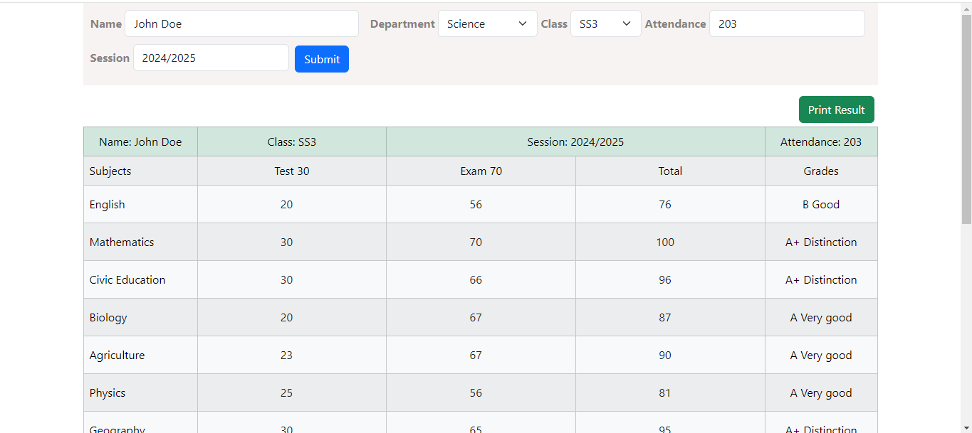 Result Processor web application screenshot, a school management tool developed by Awolesi Victor for processing student scores and generating report cards